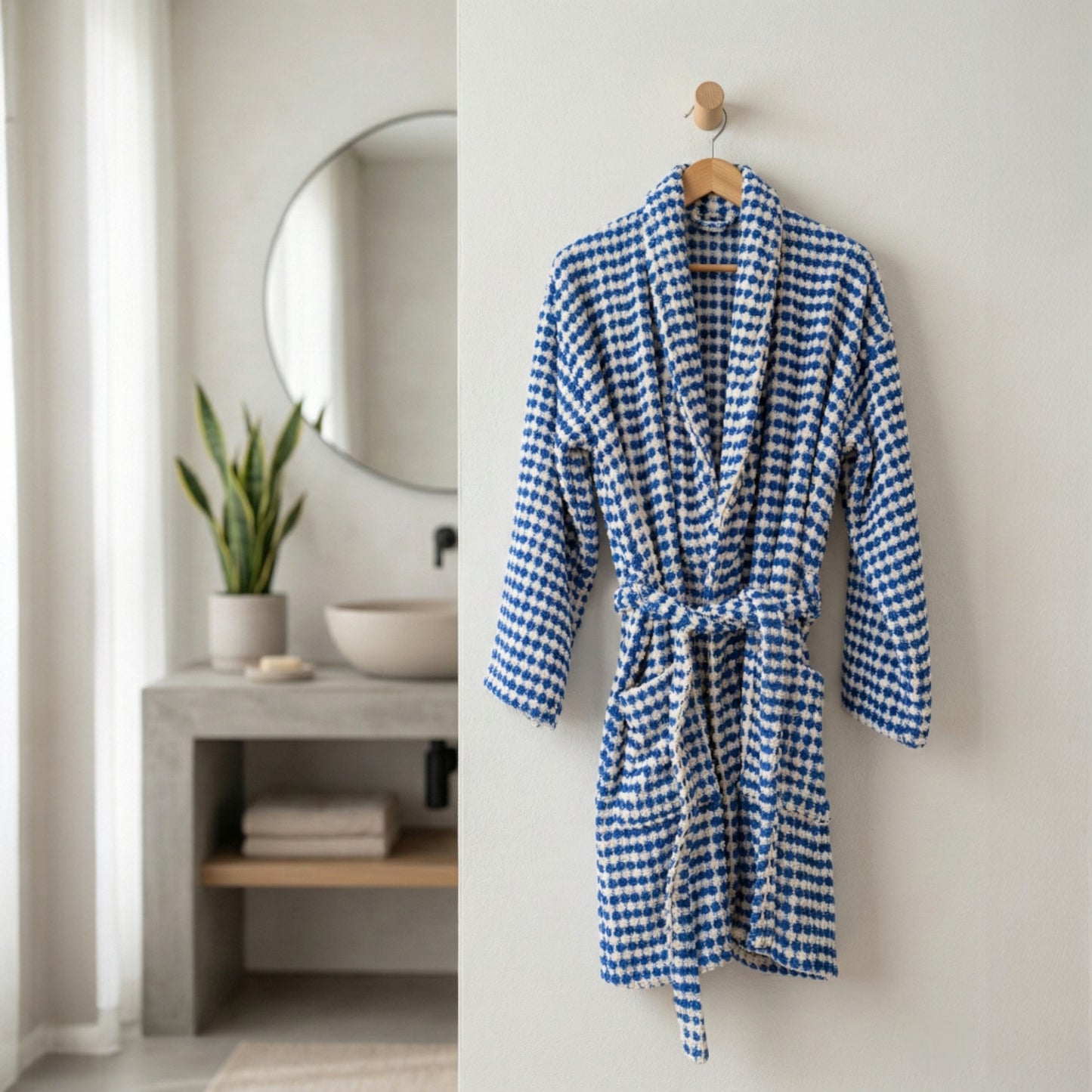 Turkish Terry Towel Bathrobe Indigo Dotted Pompom Design Shawl Collar