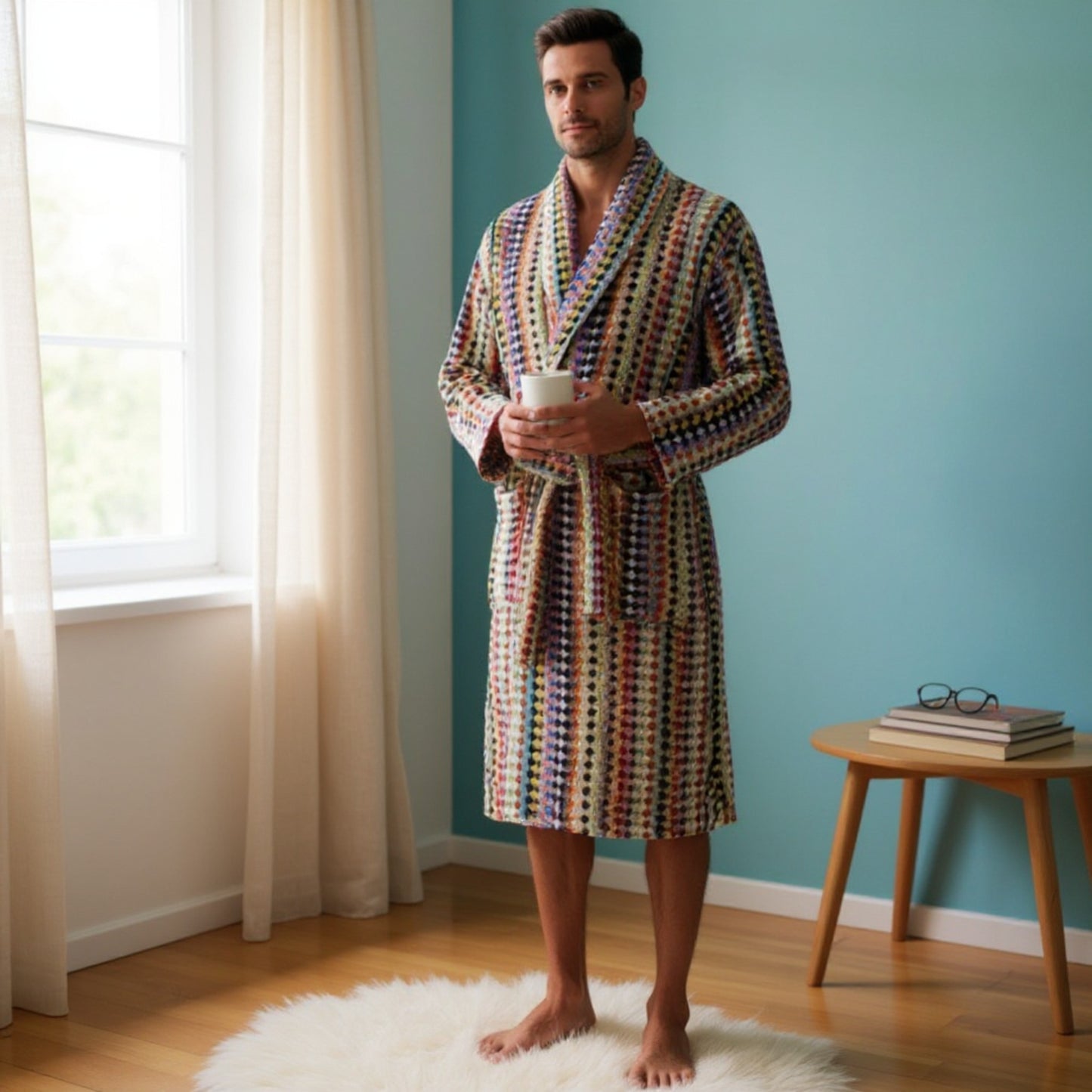 Turkish Terry Towel Unisex Bathrobe Multi Color Dotted Pompom Design Shawl Collar