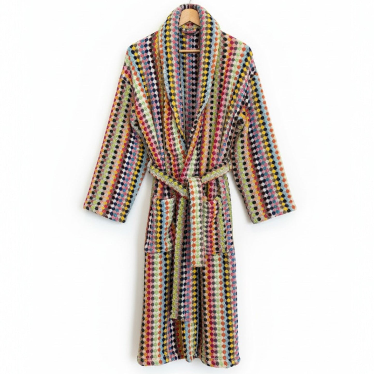 Turkish Terry Towel Unisex Bathrobe Multi Color Dotted Pompom Design Shawl Collar