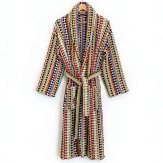 Turkish Terry Towel Unisex Bathrobe Multi Color Dotted Pompom Design Shawl Collar