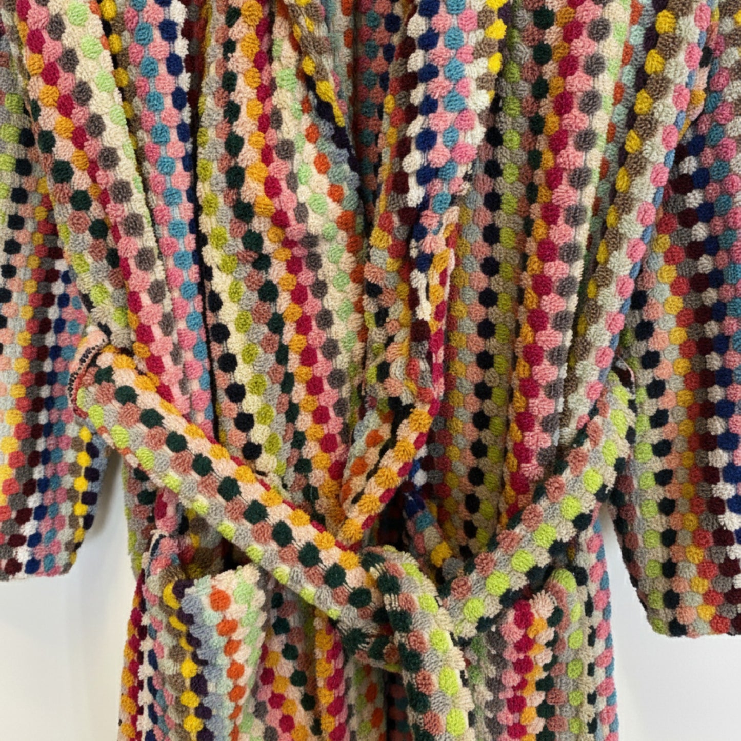 Turkish Terry Towel Unisex Bathrobe Multi Color Dotted Pompom Design Shawl Collar