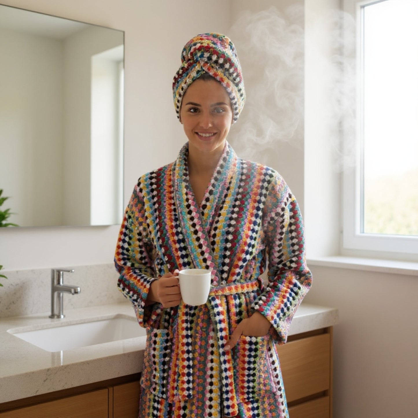 Turkish Terry Towel Unisex Bathrobe Multi Color Dotted Pompom Design Shawl Collar