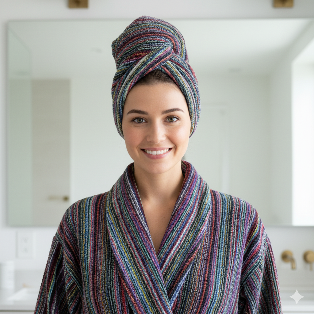Turkish Terry Towel Bathrobe – Unisex, One Size, Handwoven