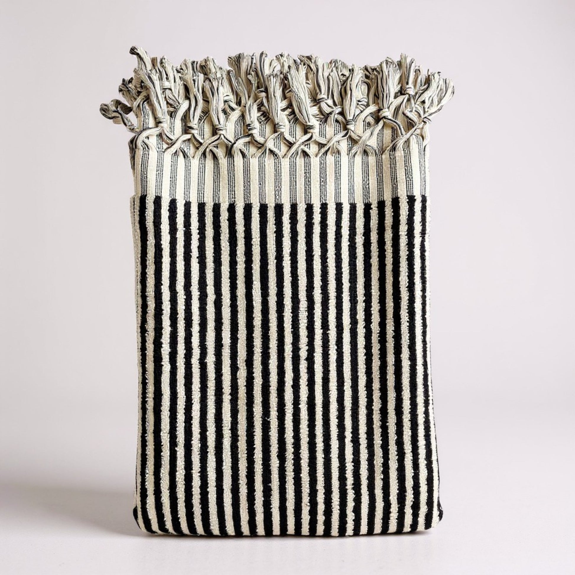 Handmade Turkish Terry Hammam Towel Black Stripe – Luxury Cotton Bath Towel with Fringe Edges - Turkish Bath Towel detailed view