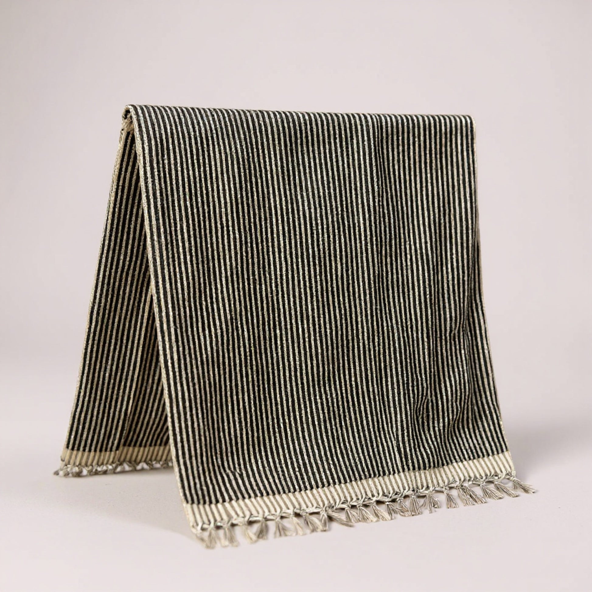 Handmade Turkish Terry Hammam Towel Black Stripe – Luxury Cotton Bath Towel with Fringe Edges - Turkish Bath Towel full view