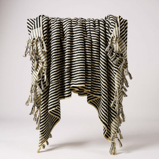 Handmade Turkish Terry Hammam Towel Black Stripe – Luxury Cotton Bath Towel with Fringe Edges - Turkish Bath Towel
