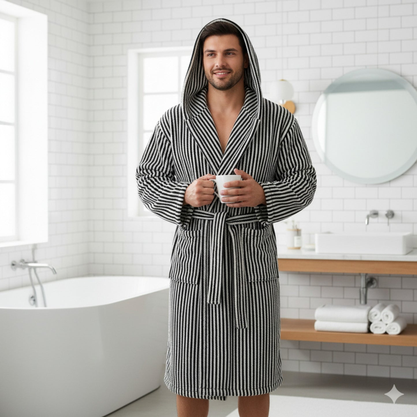 Turkish Terry Towel Unisex Bathrobe Black and White Srtipe Design Hooded