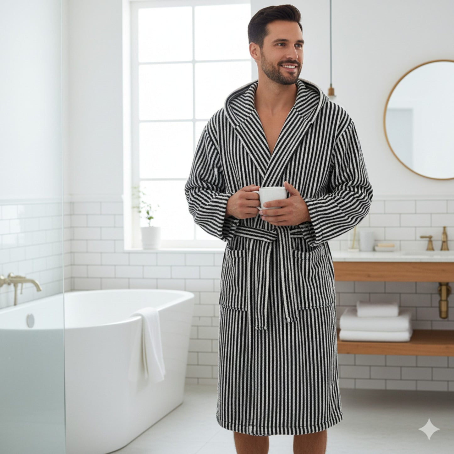 Turkish Terry Towel Unisex Bathrobe Black and White Srtipe Design Hooded
