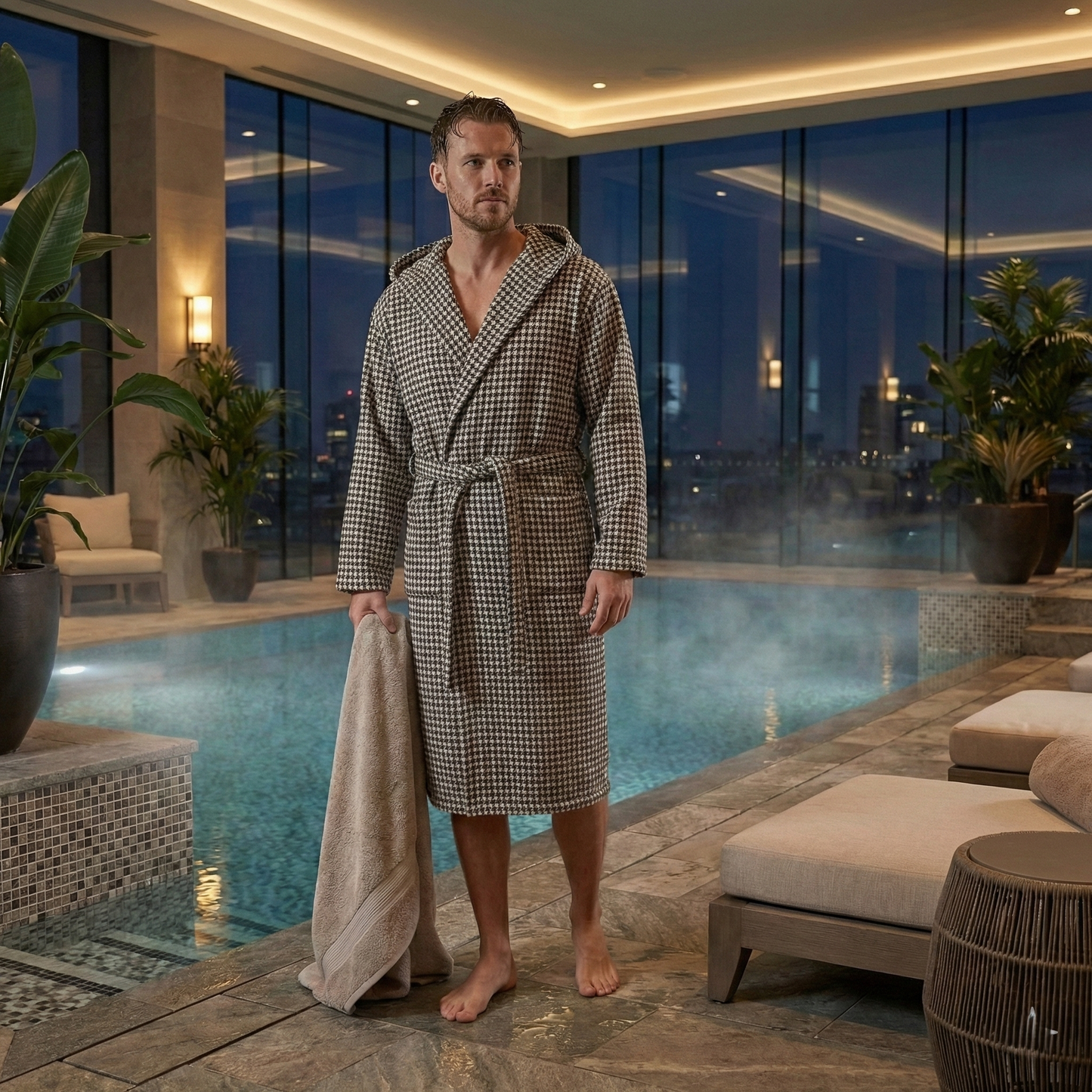 Turkish Terry Towel Unisex Bathrobe Black White Dotted Pompom Design Hooded