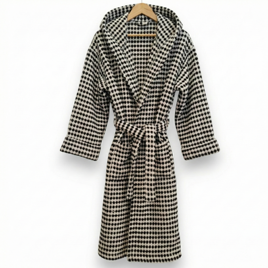 Turkish Terry Towel Unisex Bathrobe Black White Dotted Pompom Design Hooded