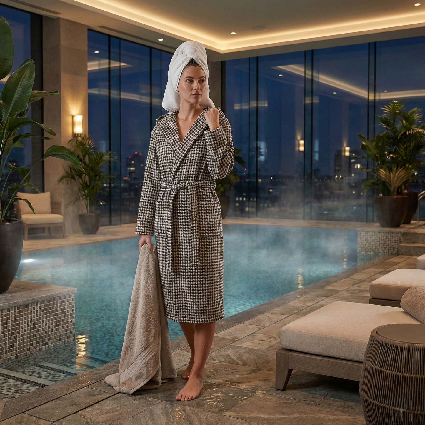 Turkish Terry Towel Unisex Bathrobe Black White Dotted Pompom Design Hooded