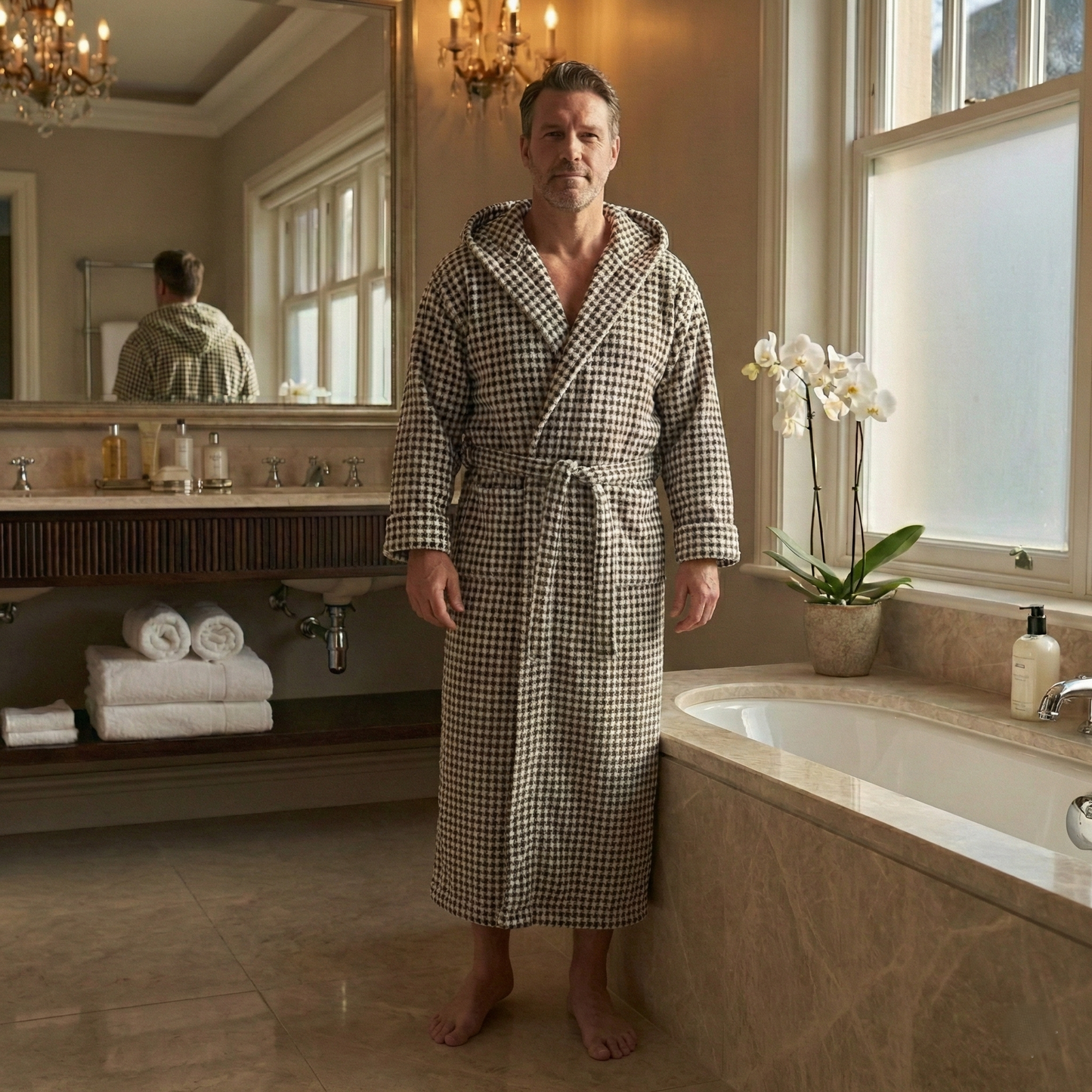 Turkish Terry Towel Unisex Bathrobe Black White Dotted Pompom Design Hooded