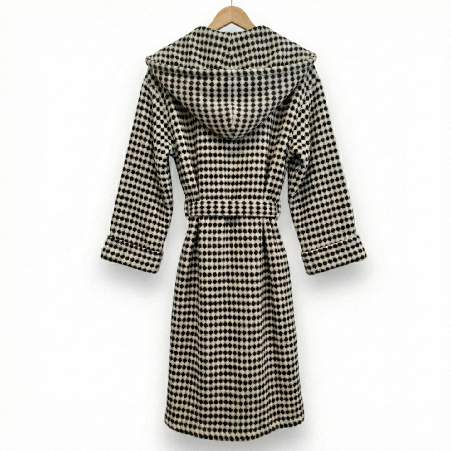 Turkish Terry Towel Unisex Bathrobe Black White Dotted Pompom Design Hooded