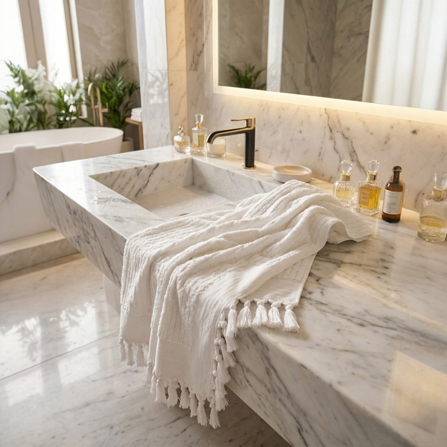 White Turkish Hammam Towel – Self-Striped Hand Woven Luxury Terry Bath Towel (1 kg)