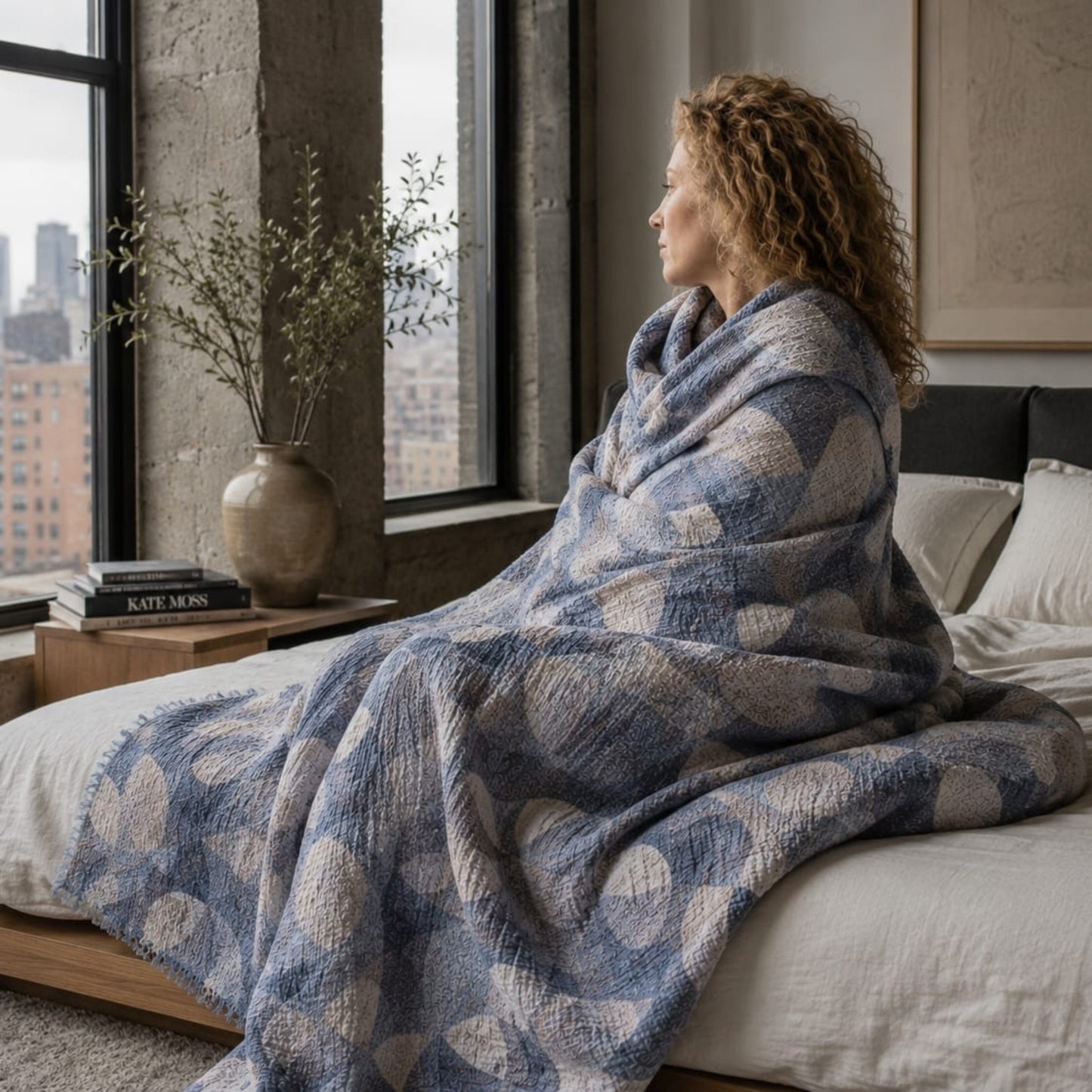 Blue Geometric 4-Layer Muslin Bed Cover | 100% Cotton | 240x260 cm