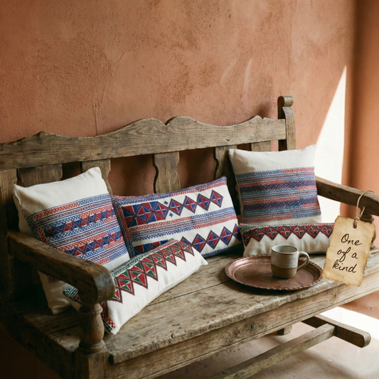 Dervis Natural Textile Sivas Heritage Upcycled Antique Embroidery Cushion Set on Antique Sofa