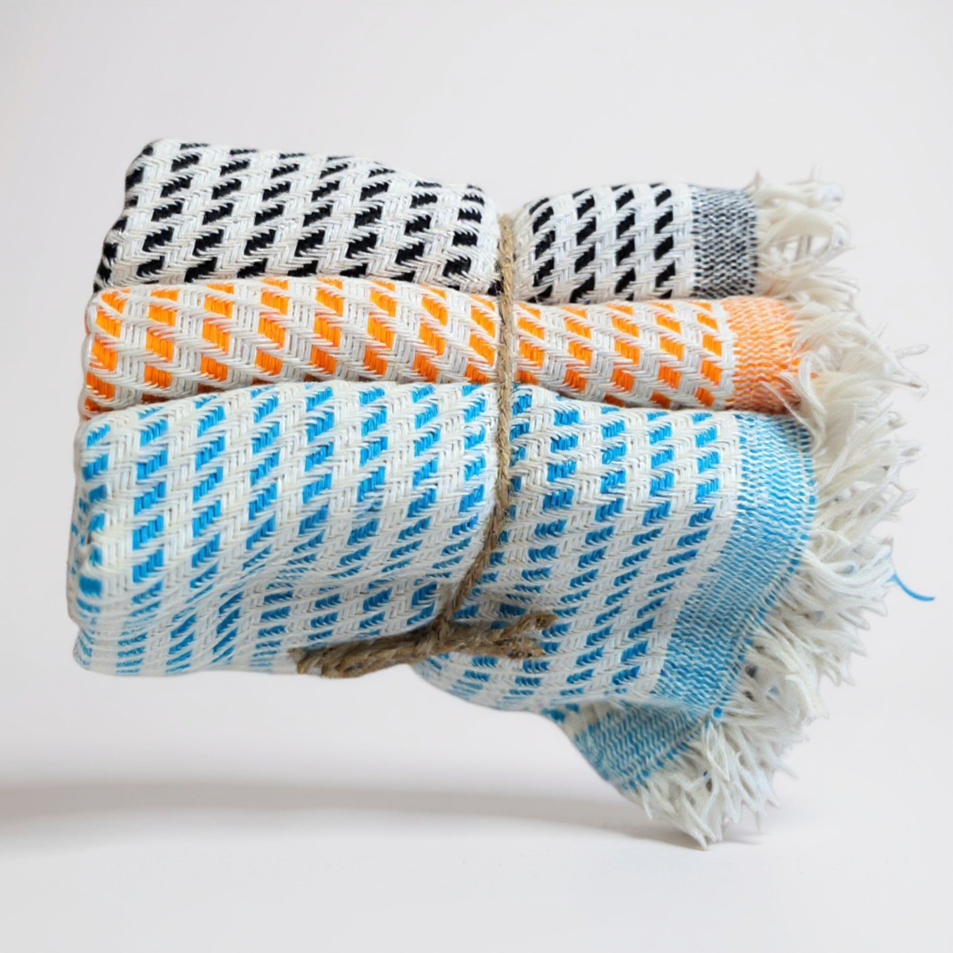 3-piece handwoven cotton towel set in random colors, multipurpose use as tea towel, guest towel, wash cloth, baby towel, kitchen towel, or sport towel
