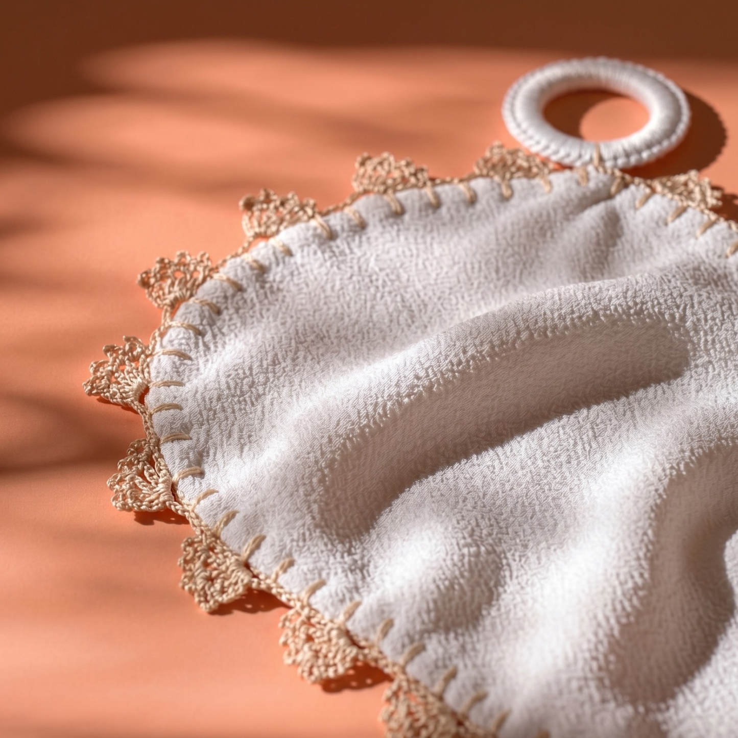 Close-up of Derviş handwoven ivory crêpe silk Turkish hammam kese with beige needle-lace edging and hanging loop.