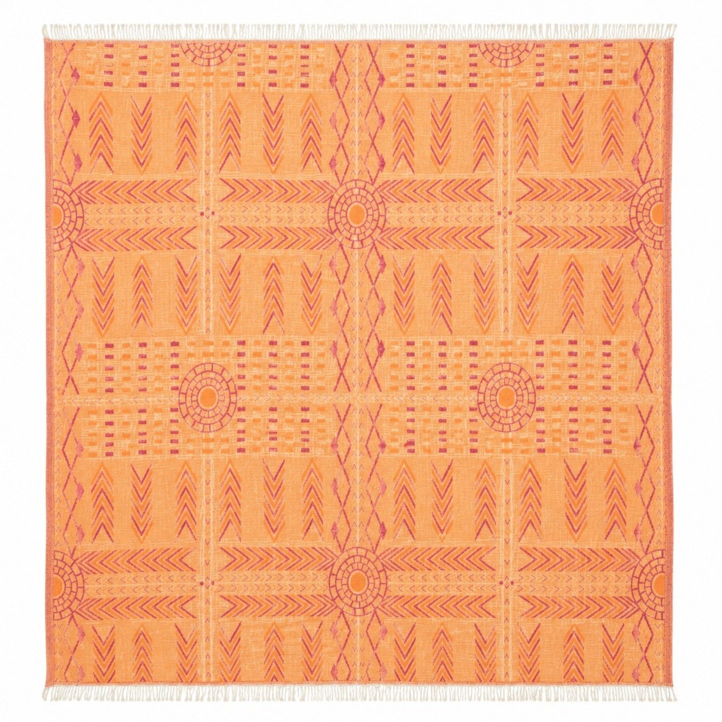 Kilim Heritage reversible Turkish cotton muslin throw blanket in orange with jacquard woven kilim-inspired pattern, 130 x 150 cm.