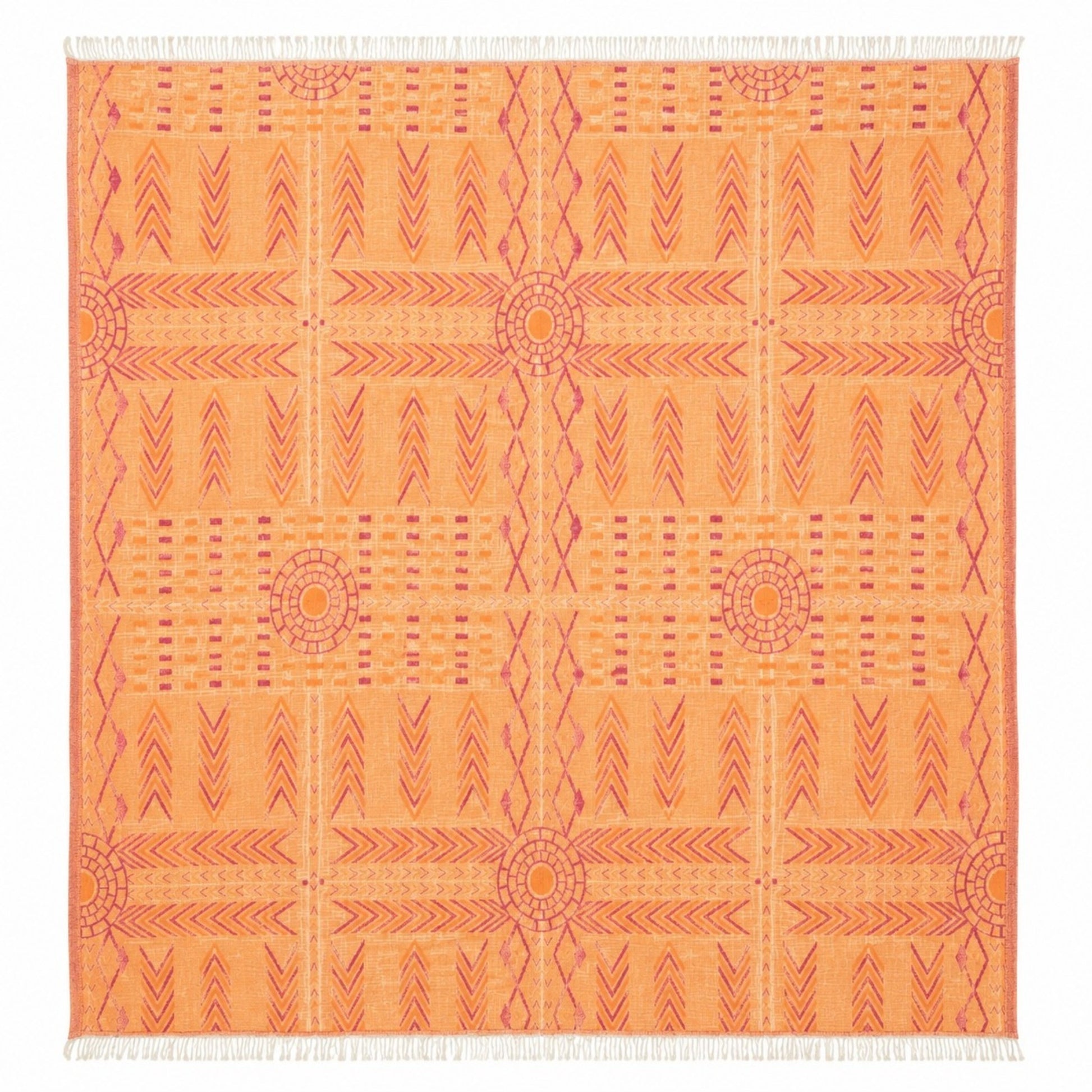 Kilim Heritage reversible Turkish cotton muslin throw blanket in orange with jacquard woven kilim-inspired pattern, 130 x 150 cm.