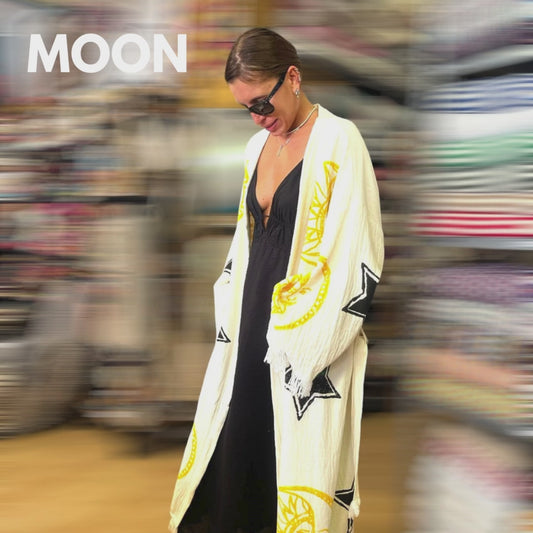 Hand-Made Block Print Moon Star Turkish Towel Kimono Robe Kaftan