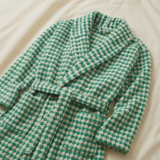 Turkish Terry Towel Bathrobe Green Dotted Pompom Design Shawl Collar