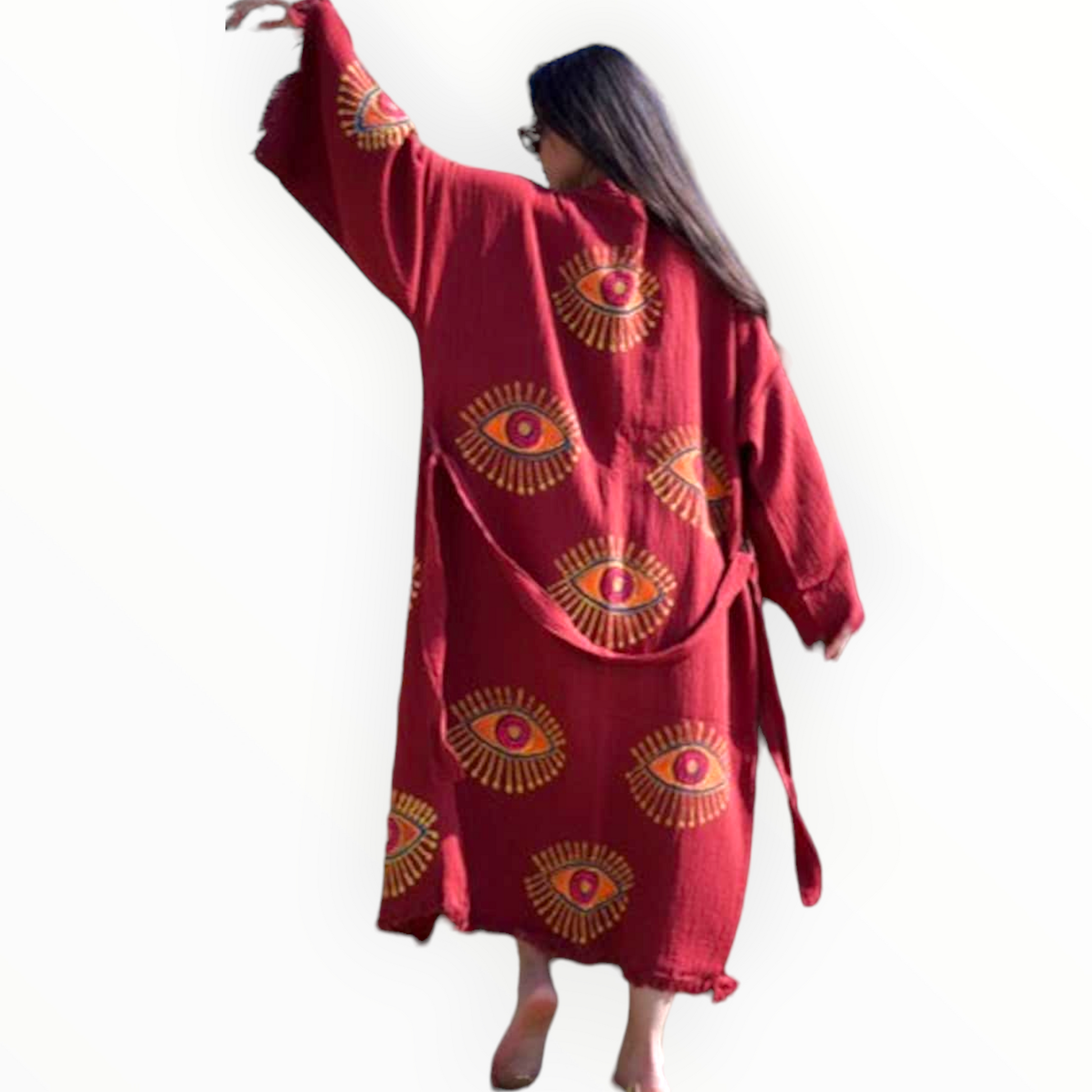 Evil Eye Terra Cotta Kimono Kaftan Robe – Dervis Natural Textile