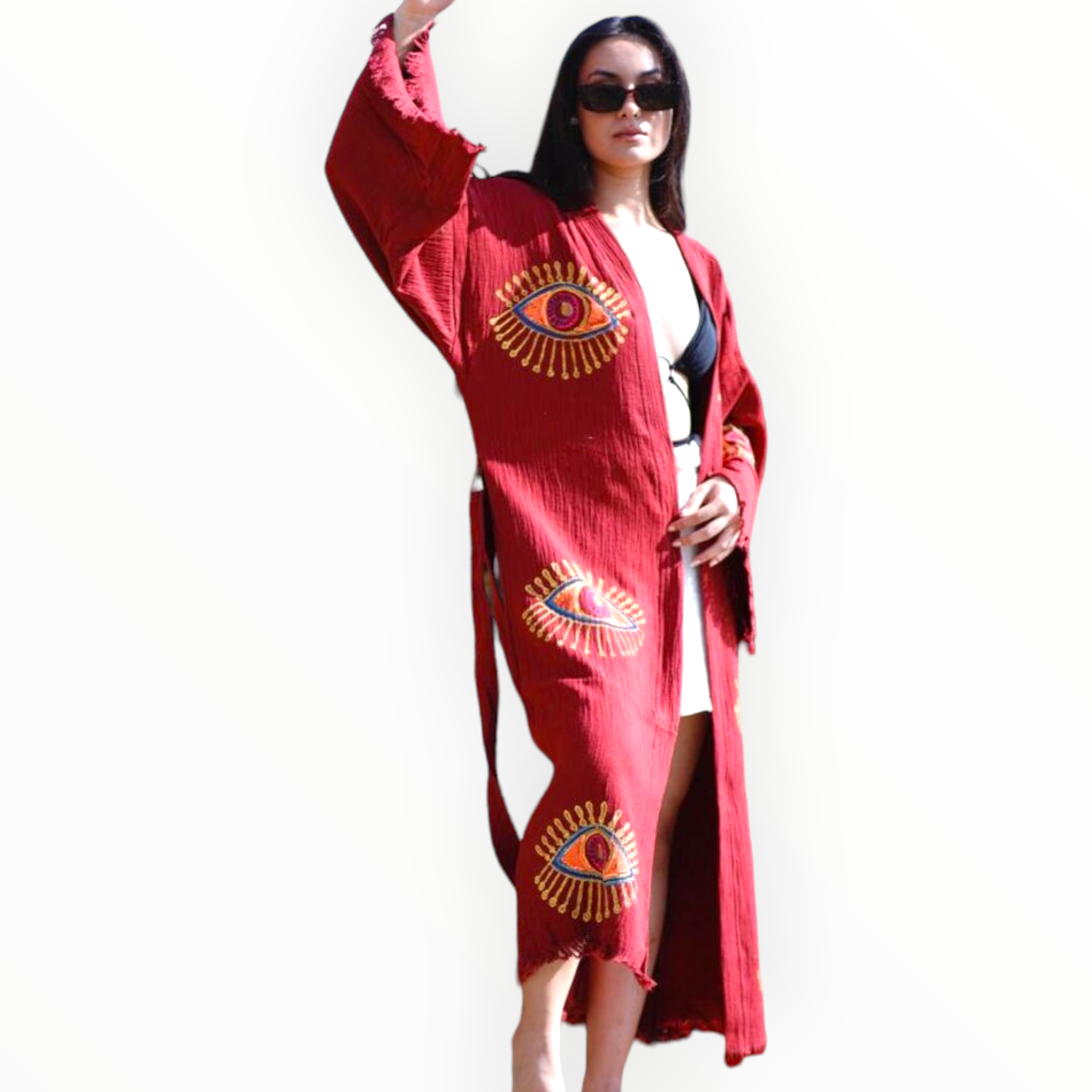 Evil Eye Terra Cotta Kimono Kaftan Robe – Dervis Natural Textile