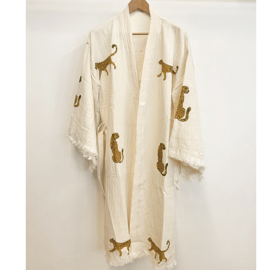 Turkish Towel Kimono Bathrobe Tiger Design Natural