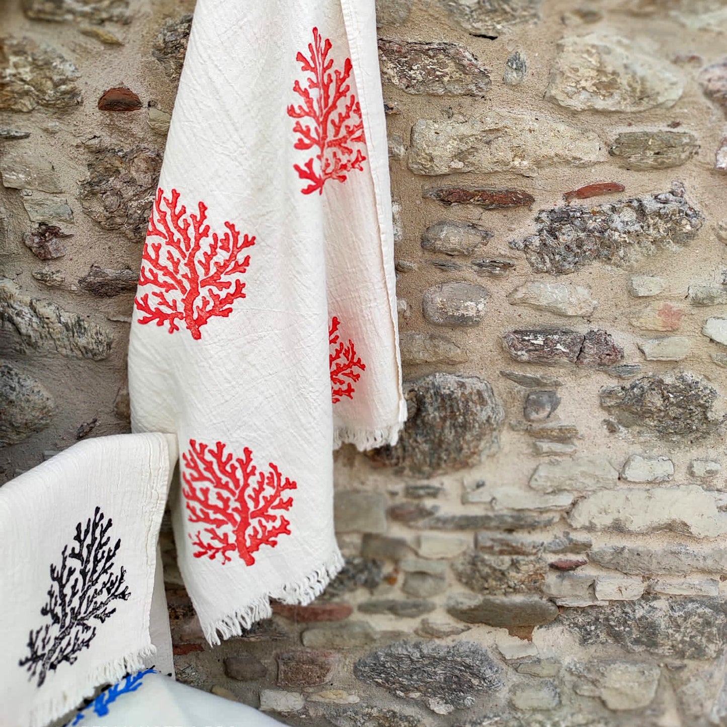 Hand Print Coral Design Turkish Towel Pestemal