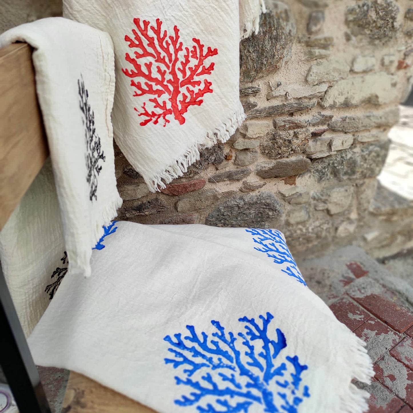 Hand Print Coral Design Turkish Towel Pestemal