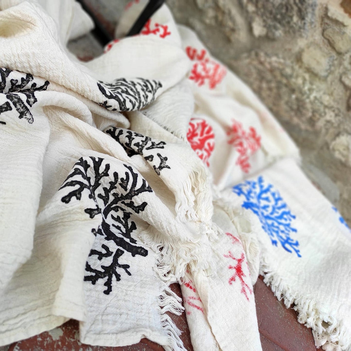 Hand Print Coral Design Turkish Towel Pestemal