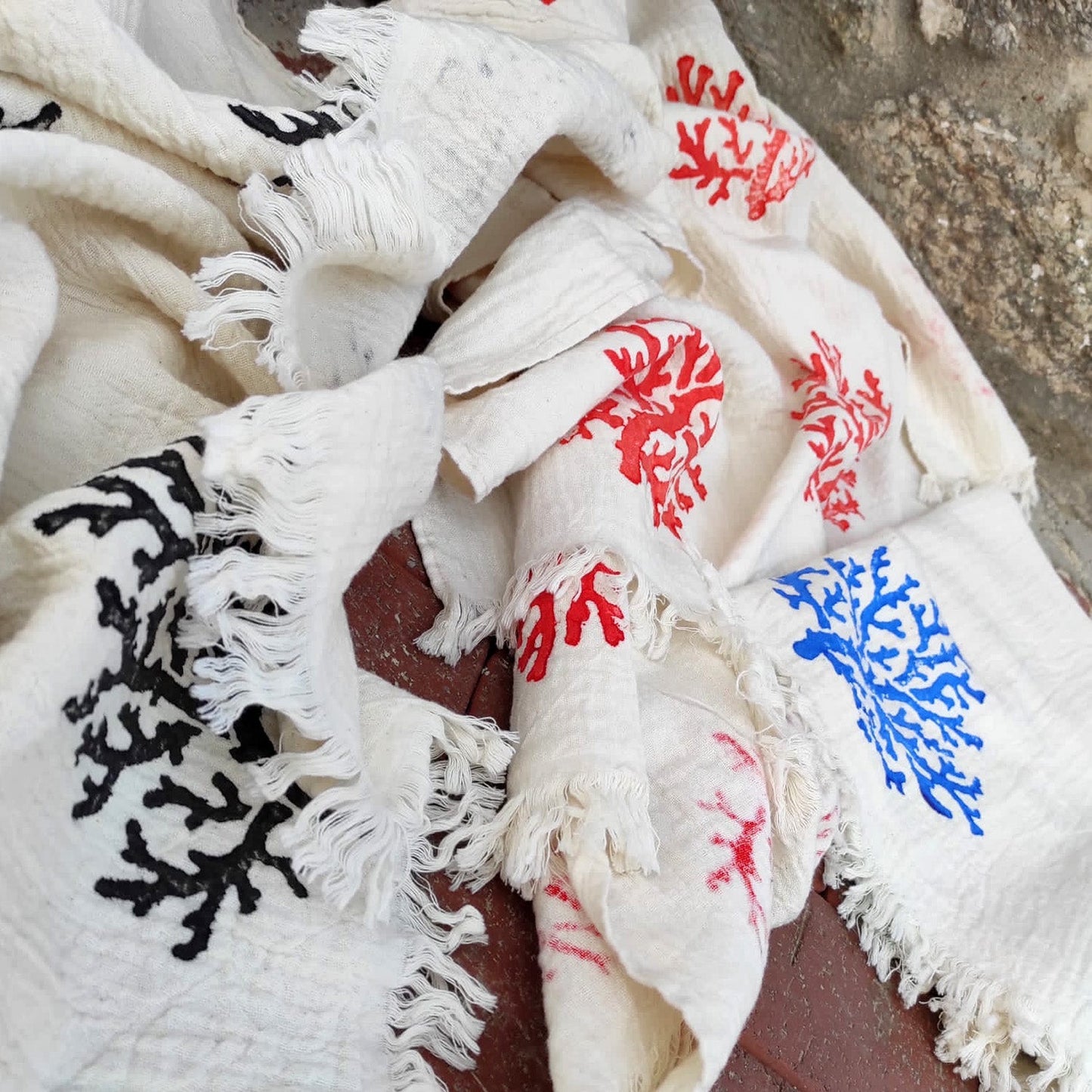 Hand Print Coral Design Turkish Towel Pestemal