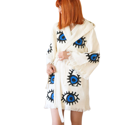 Handmade Natural Cotton Turkish Towel Evil Eye Kimono Cover Up Bathrobe