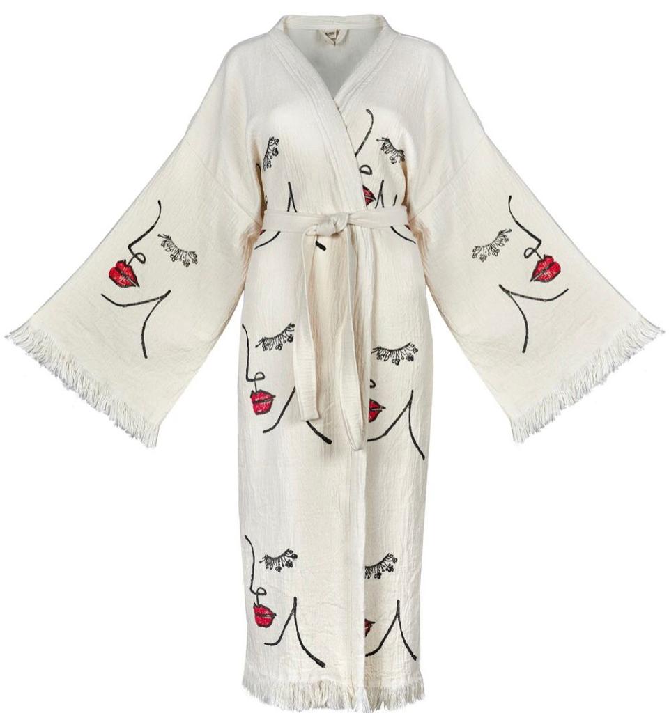 Hand-Woven Natural Cotton Face Pattern Turkish Towel Kimono