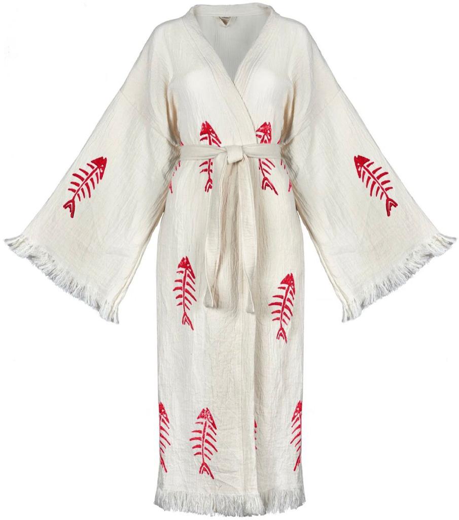 Hand-Woven Natural Cotton Fish Pattern Turkish Towel Kimono