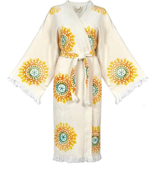 Hand-Woven Natural Cotton Yellow Sun Pattern Turkish Towel Kimono