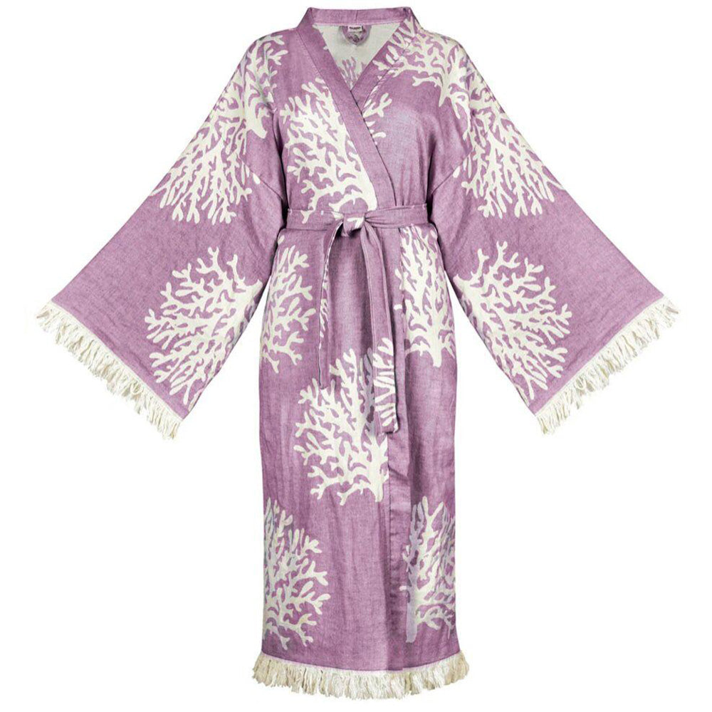 Hand-Woven Natural Cotton Coral Pattern Turkish Towel Kimono Lilac