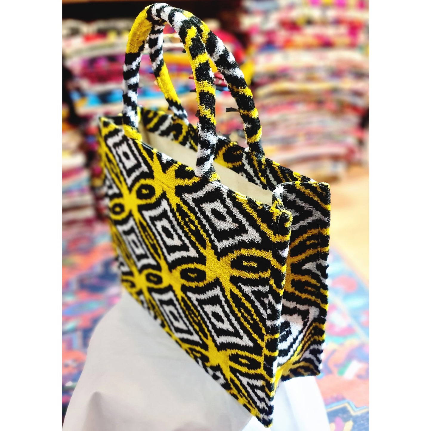 Silk Velvet Ikat Tote Bag Yellow Black