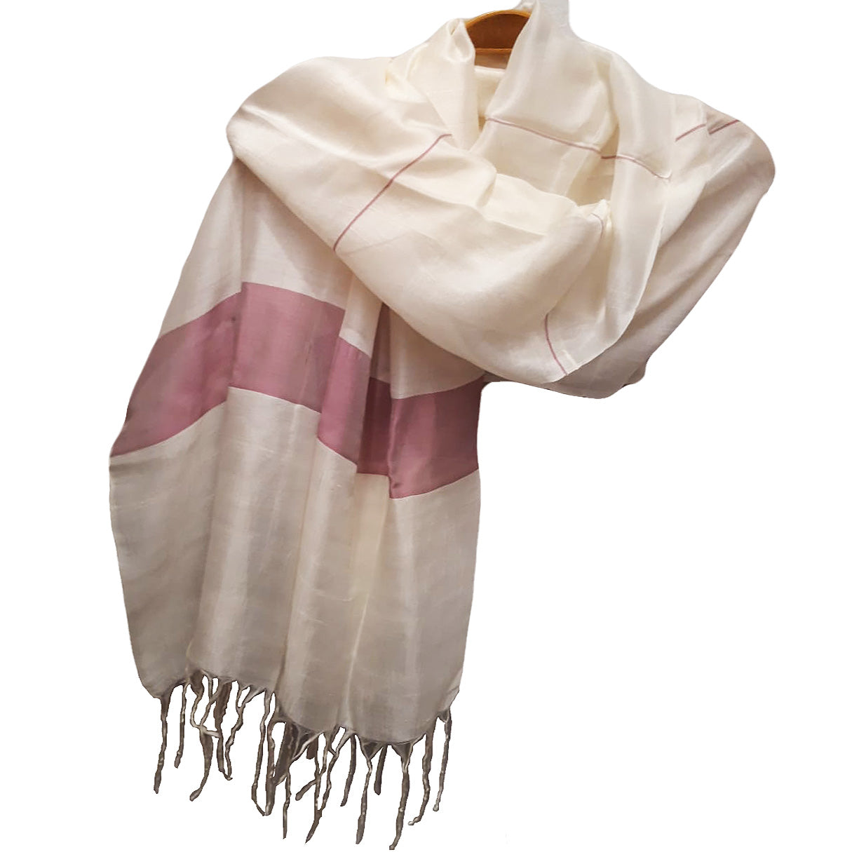 Pure Shiny Silk Hand-Woven Scarf Pink Stripes