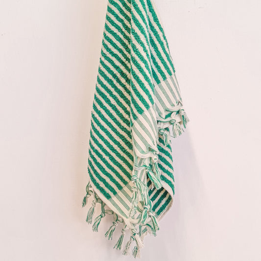 Turkish Hammam Terry Hand Towels Green Stripe