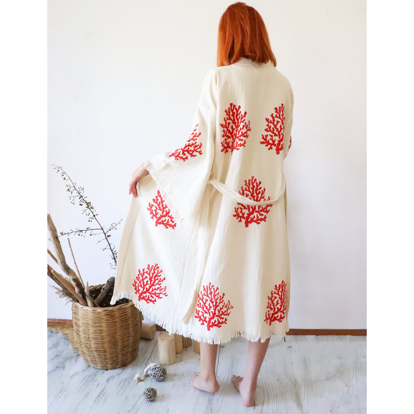 Turkish Towel Coral Kimono Bathrobe