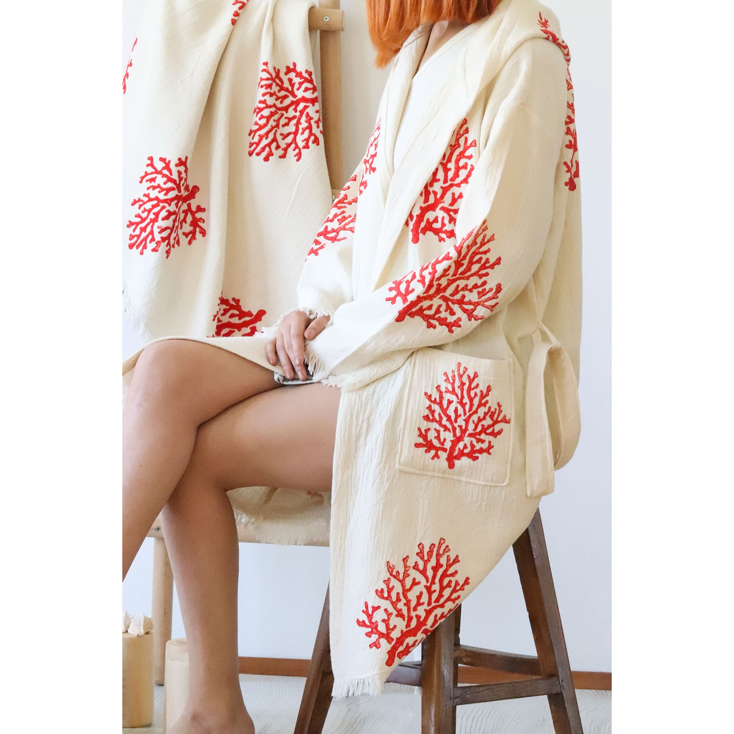 Turkish Towel Coral Kimono Bathrobe