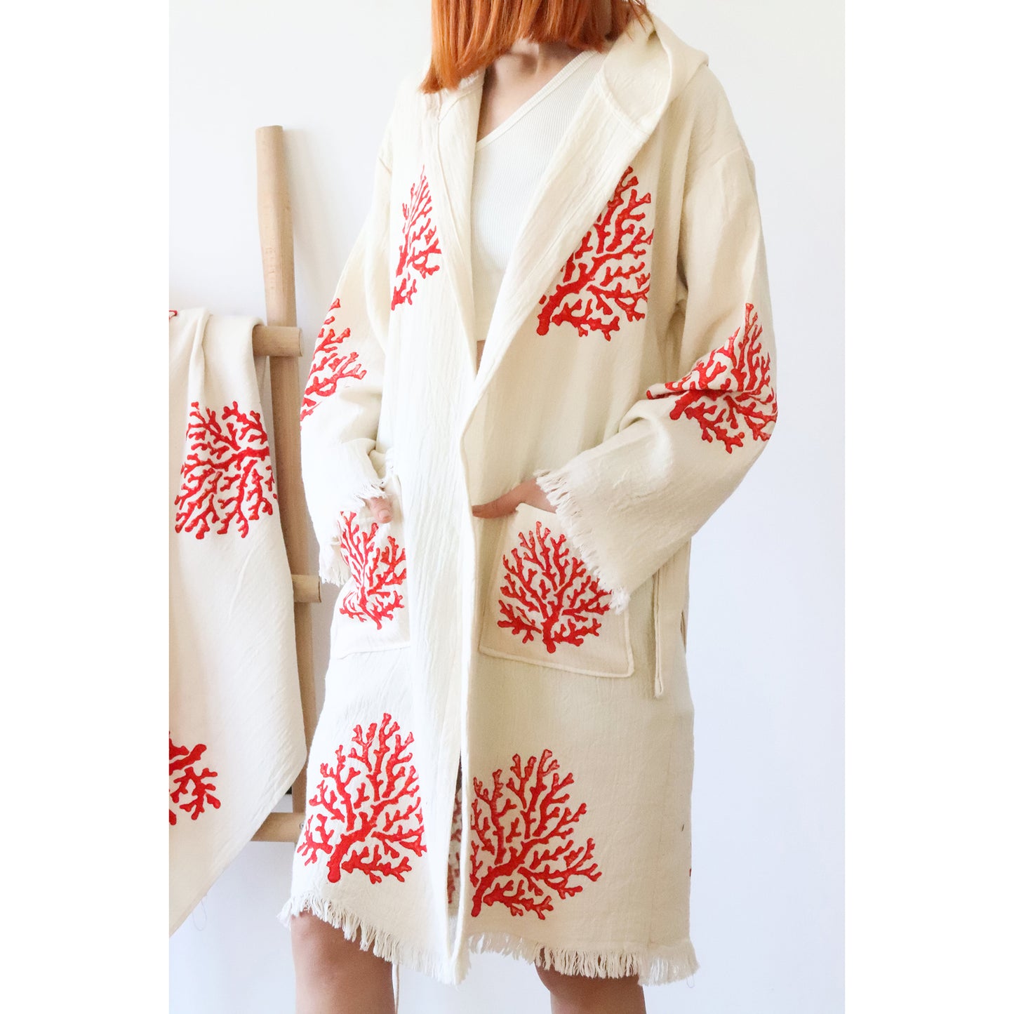 Turkish Towel Coral Kimono Bathrobe