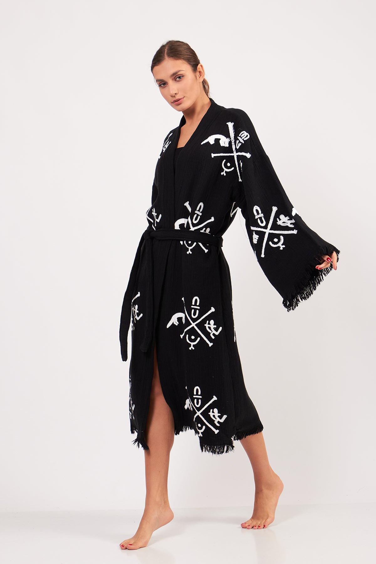 Turkish Towel Kimono Bathrobe Ancient Design Black
