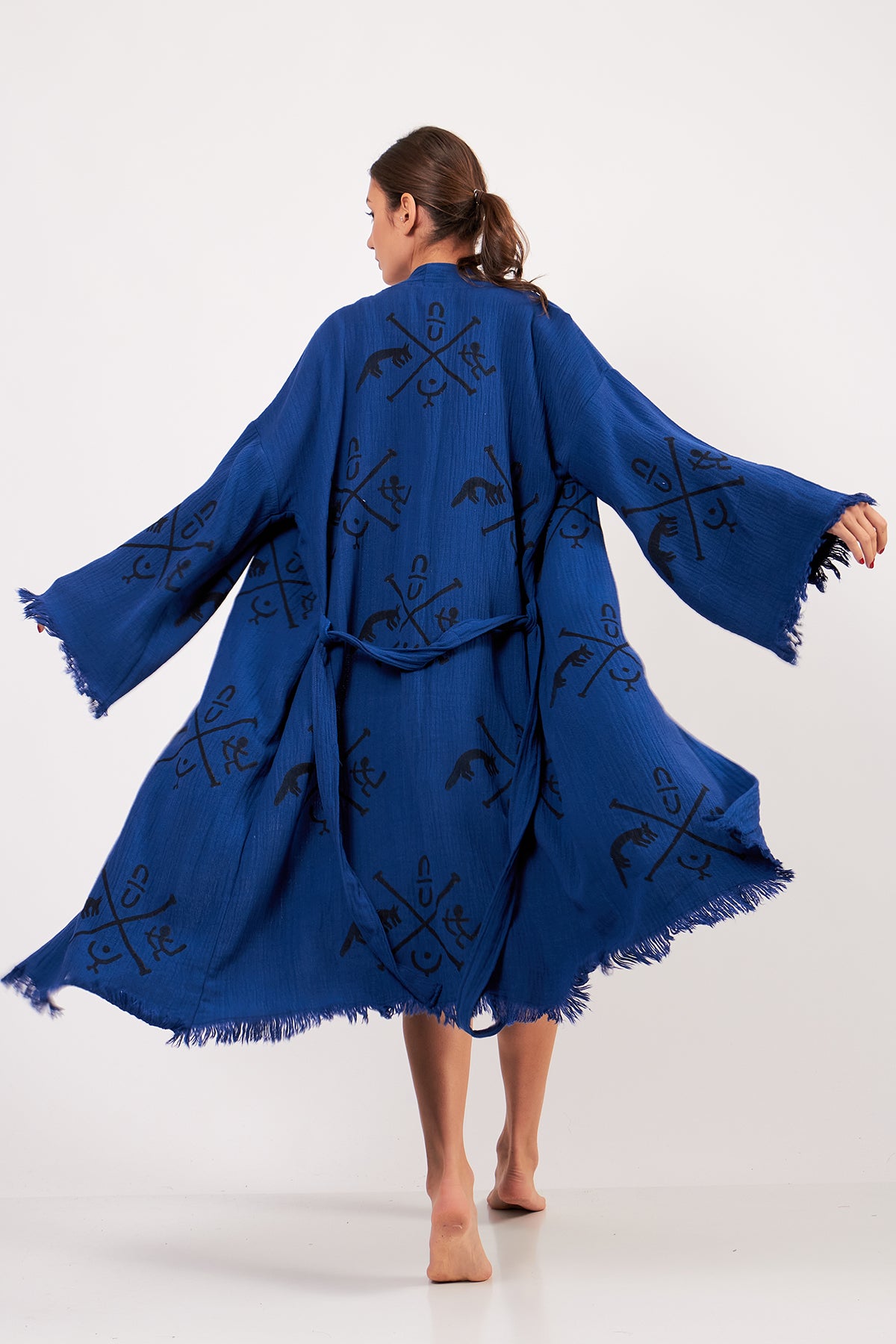 Turkish Towel Kimono Bathrobe Ancient Design Blue