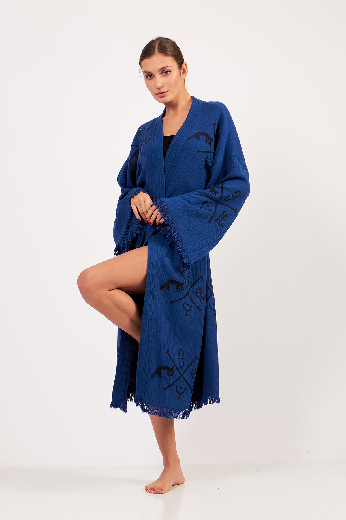 Turkish Towel Kimono Bathrobe Ancient Design Blue