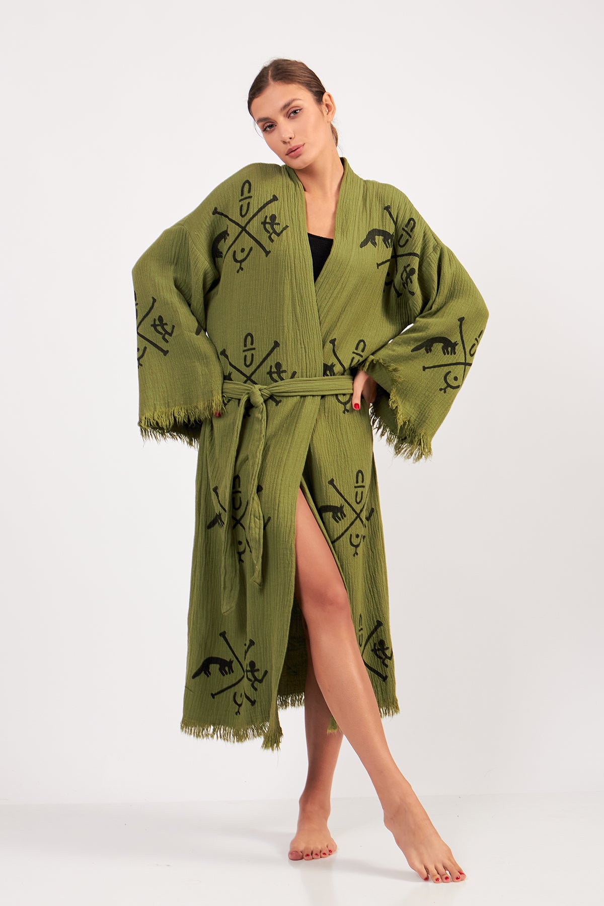 Turkish Towel Kimono Bathrobe Ancient Design Green