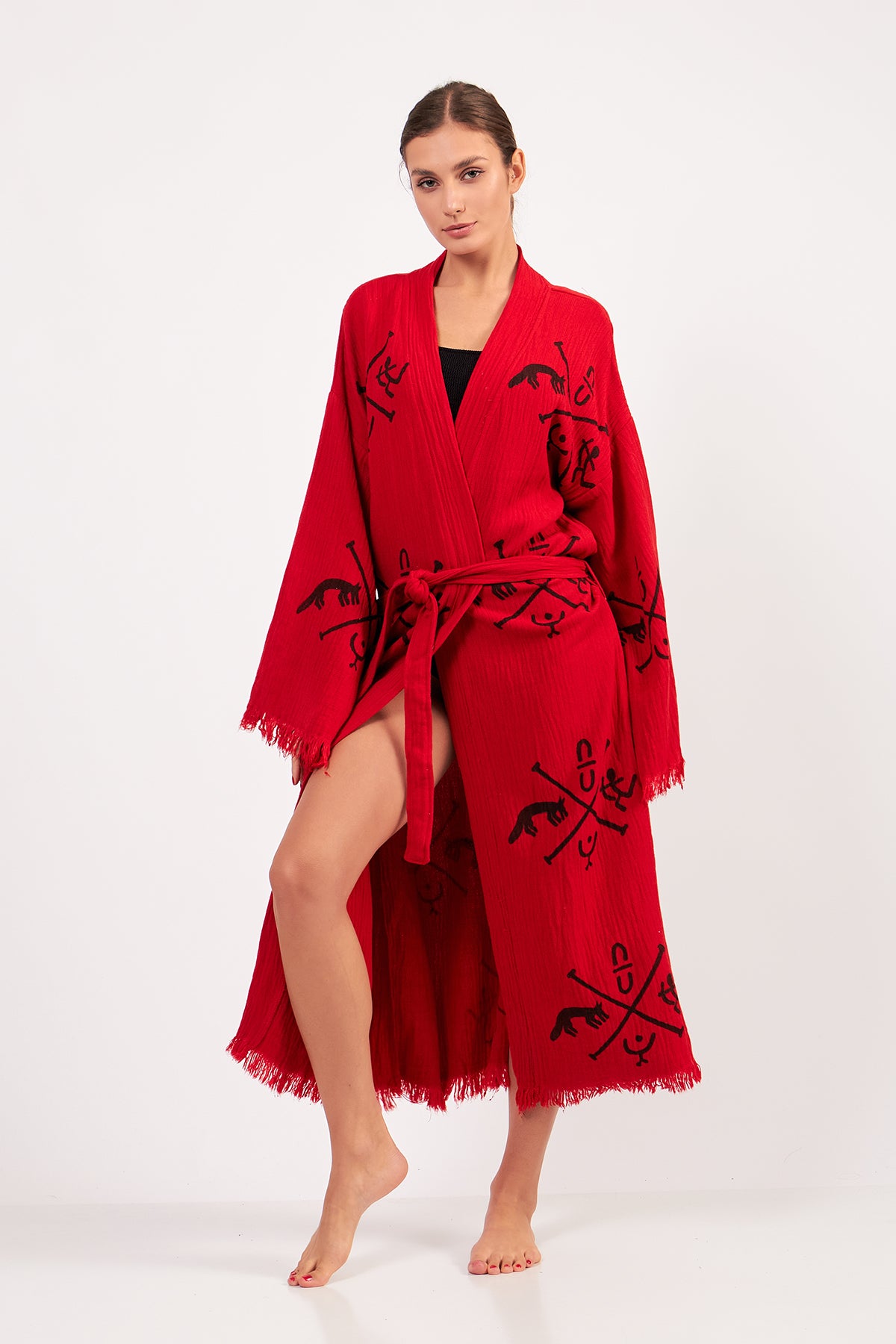 Turkish Towel Kimono Bathrobe Ancient Design Red
