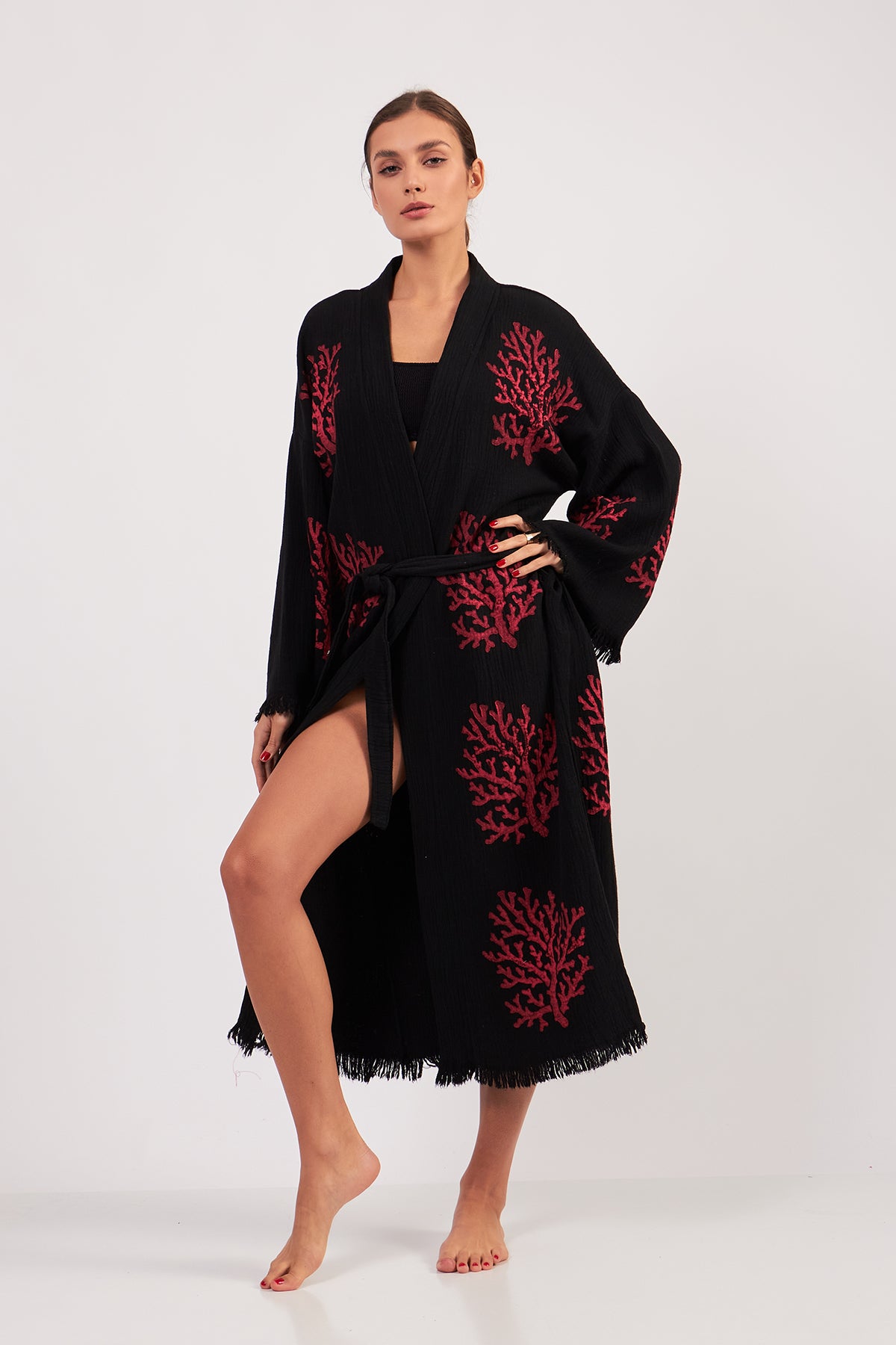 Turkish Towel Kimono Bathrobe Coral Design Black